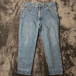 Vintage Carhartt Men's Denim Jeans Size 38x30 Straight Leg Fit Leather Logo